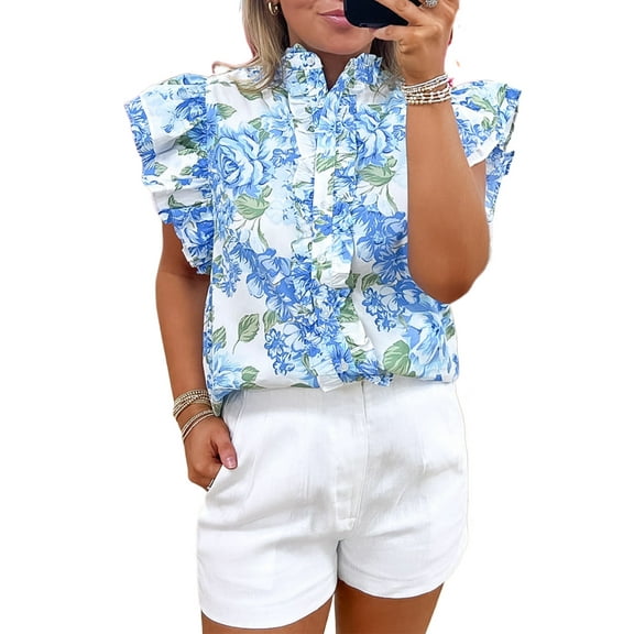 Women's Sky Blue Floral Print Ruffle Sleeve Button Up Shirt for Elegant Style | [ZhiHiMeRi] | (US 12-14)L