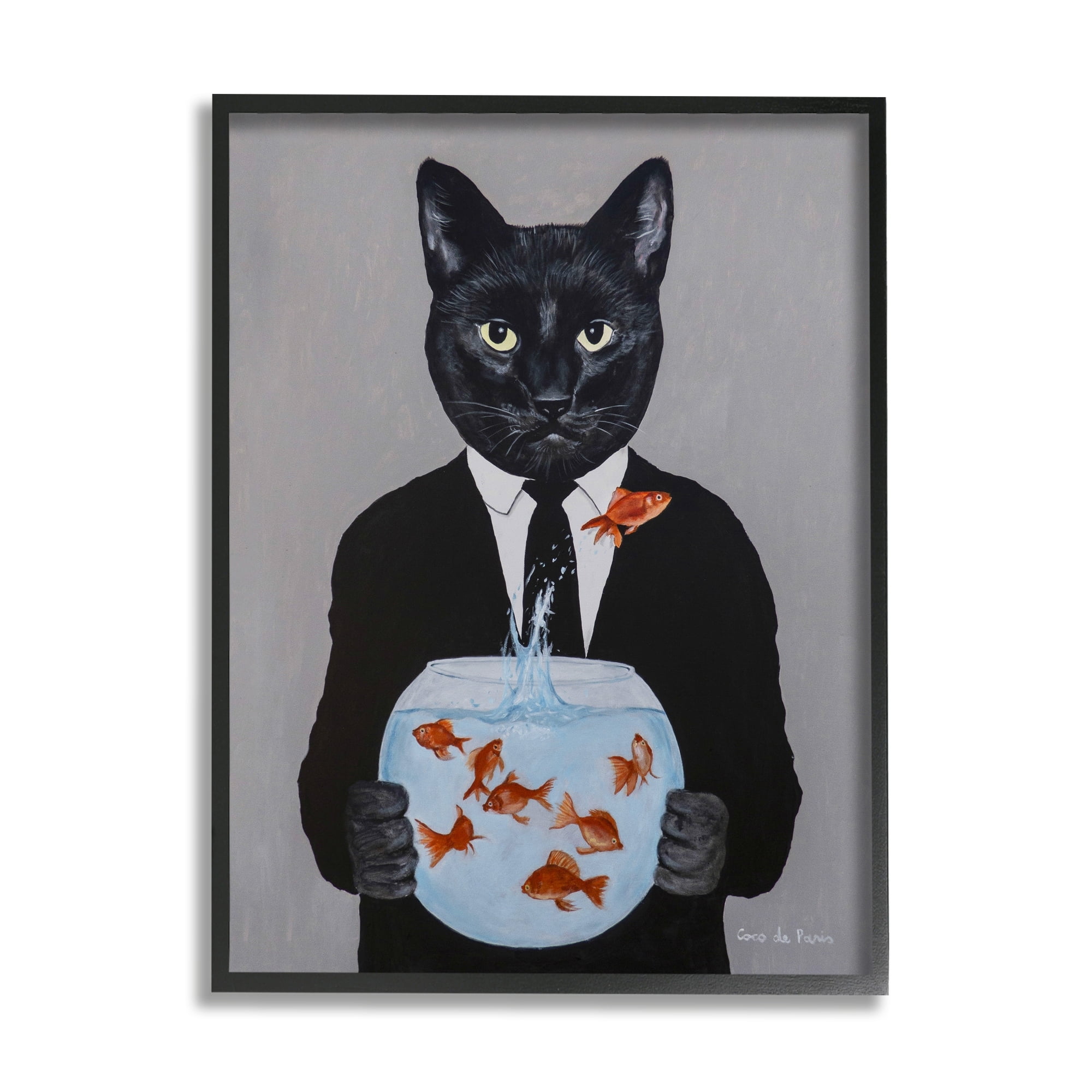 Stupell Industries Black Cat Fashion Suit Goldfish Jumping Fishbowl Painting, 16 x 20, Design by Coco de Paris