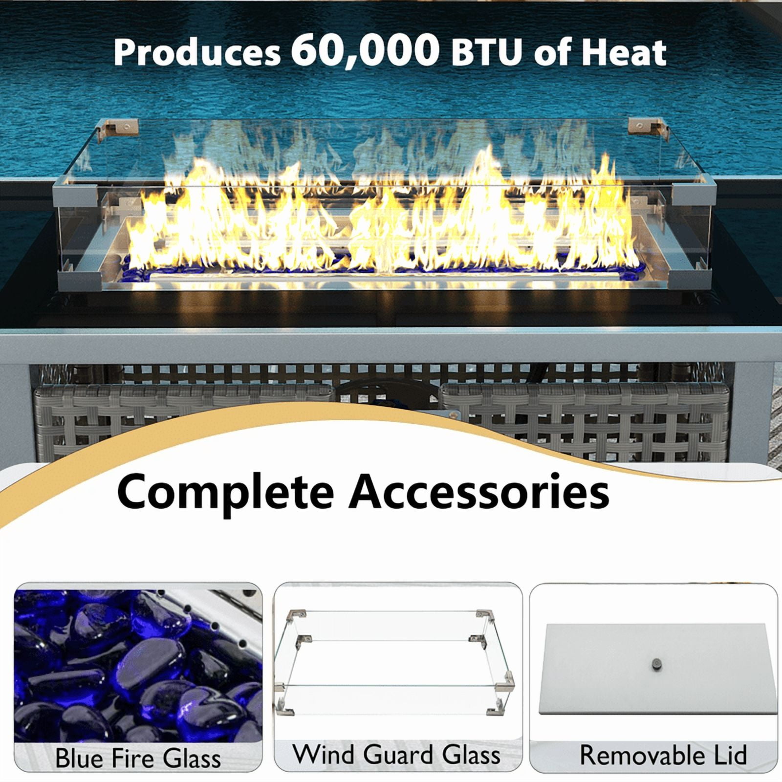 SDJPOI 43" Propane Gas Fire Pit Table, 60,000 BTU Rectangular Outdoor Fire Pit with Glass Wind Guard - Open Weave Wicker Design for Patio, Deck, Garden & Backyard