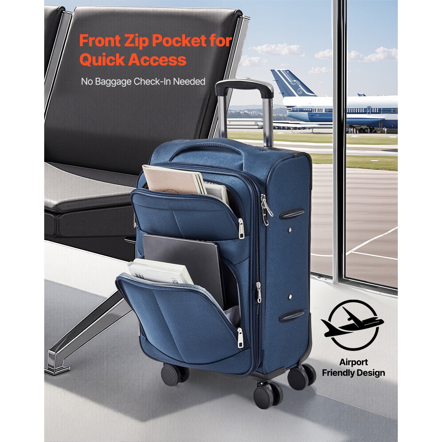 KFFKFF 20-Inch Expandable Softside Luggage with Spinner Wheels, Lightweight Carry-On Suitcase with TSA Lock and Extra Storage Pocket, Blue
