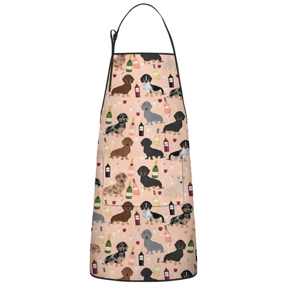 Black Cute Dachshund Dog and Wine Apron-Garden Aprons for Women with Pockets-Cotton Linen Waterproof Kitchen Cooking Gardening Aprons Adjustable for Kitchen,Cooking,BBQ and Salon 33x27 Inch
