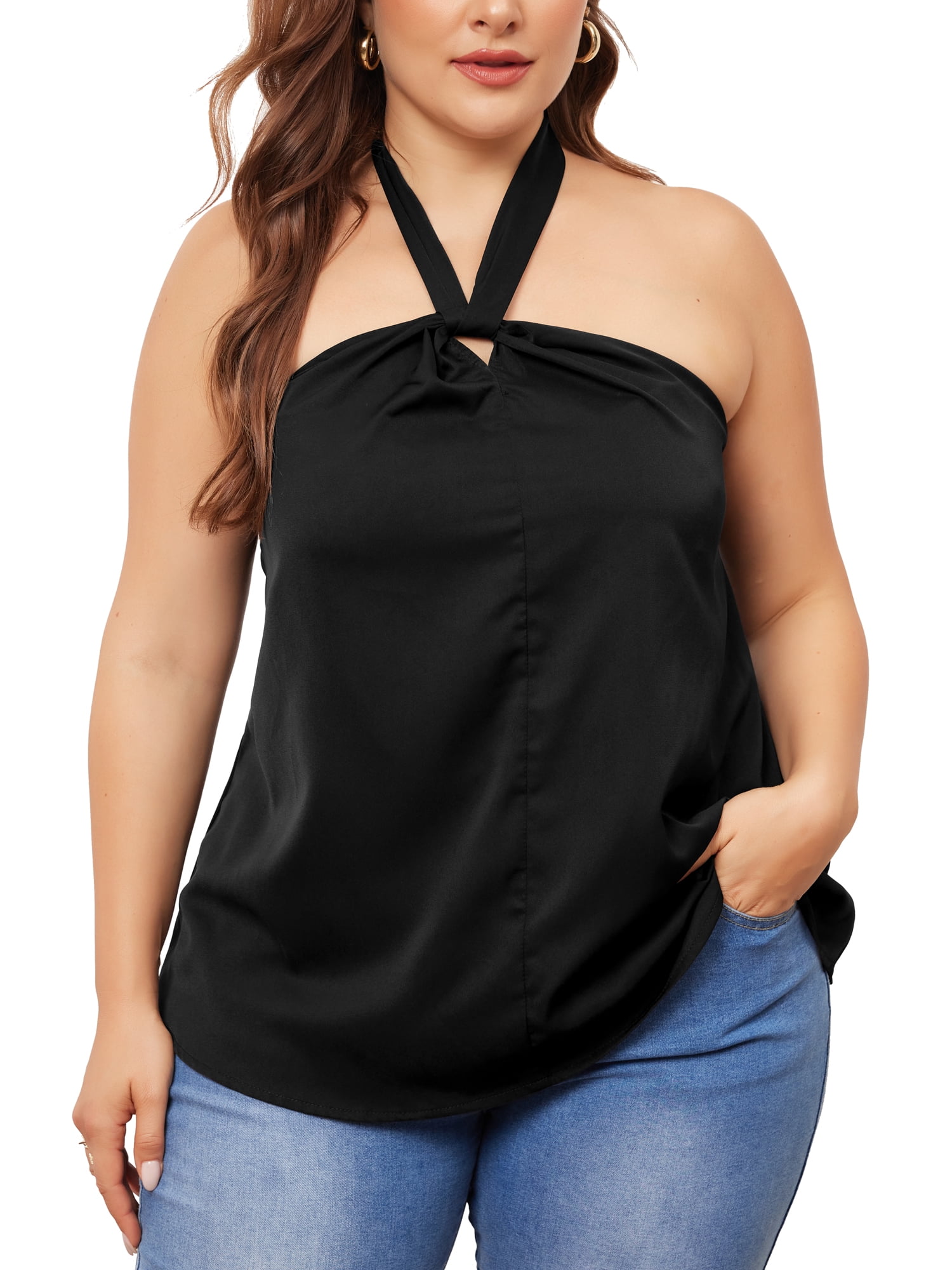DARING DIVA Women's Plus Self Tie Halter Neck Camisole 2X Black