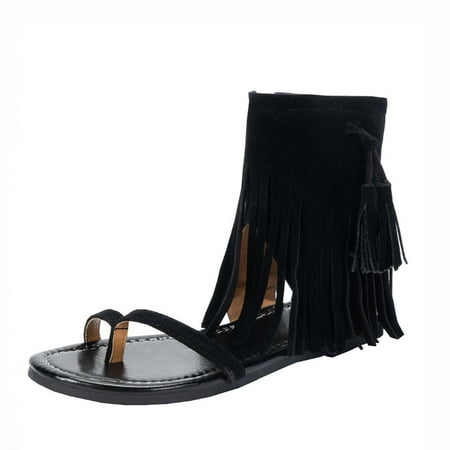 

Floleo Women s Shoes Deals Summer Casual Vintage Breathable Flat Side Zipper Tassel Pullover Toe Roman Sandals