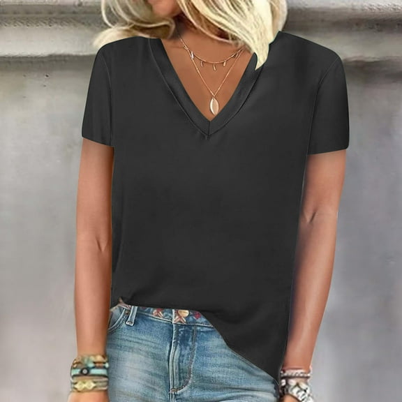 Fartey V Neck T Shirts for Women Summer Casual Short Sleeve Shirts Basic Solid Color Tops Lightweight Soft Work Blouses 2025 Black S
