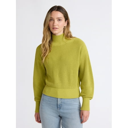 Scoop Women’s Cotton Boxy Ribbed Turtleneck Sweater, Midweight, Size XS-XXL