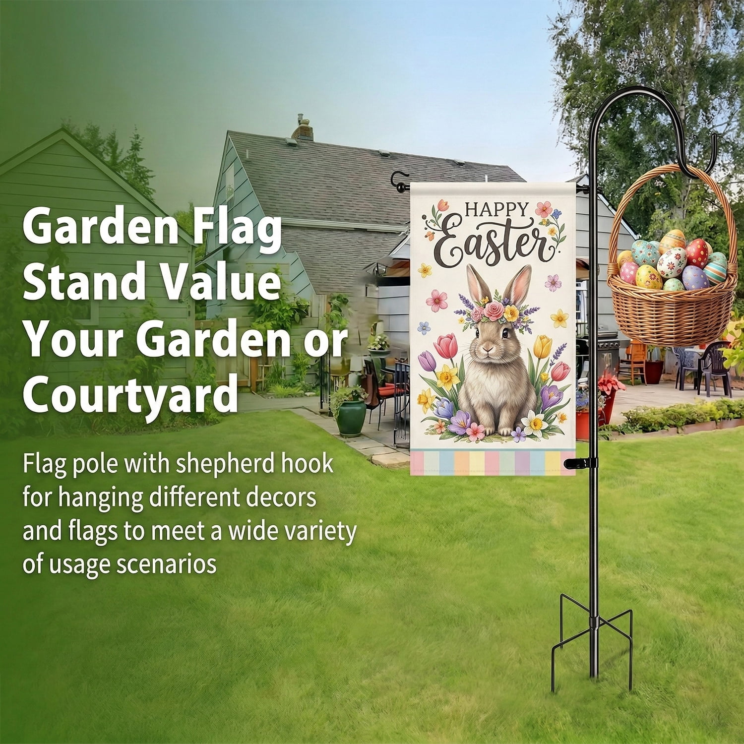 PUCACHI Garden Flag Holder - Upgraded Outdoor Easter Garden Flag Pole with Shepherd Hooks for 12 x 18" Flag, 45in Yard Flag Holder Stand for Small Flags, 2Pack