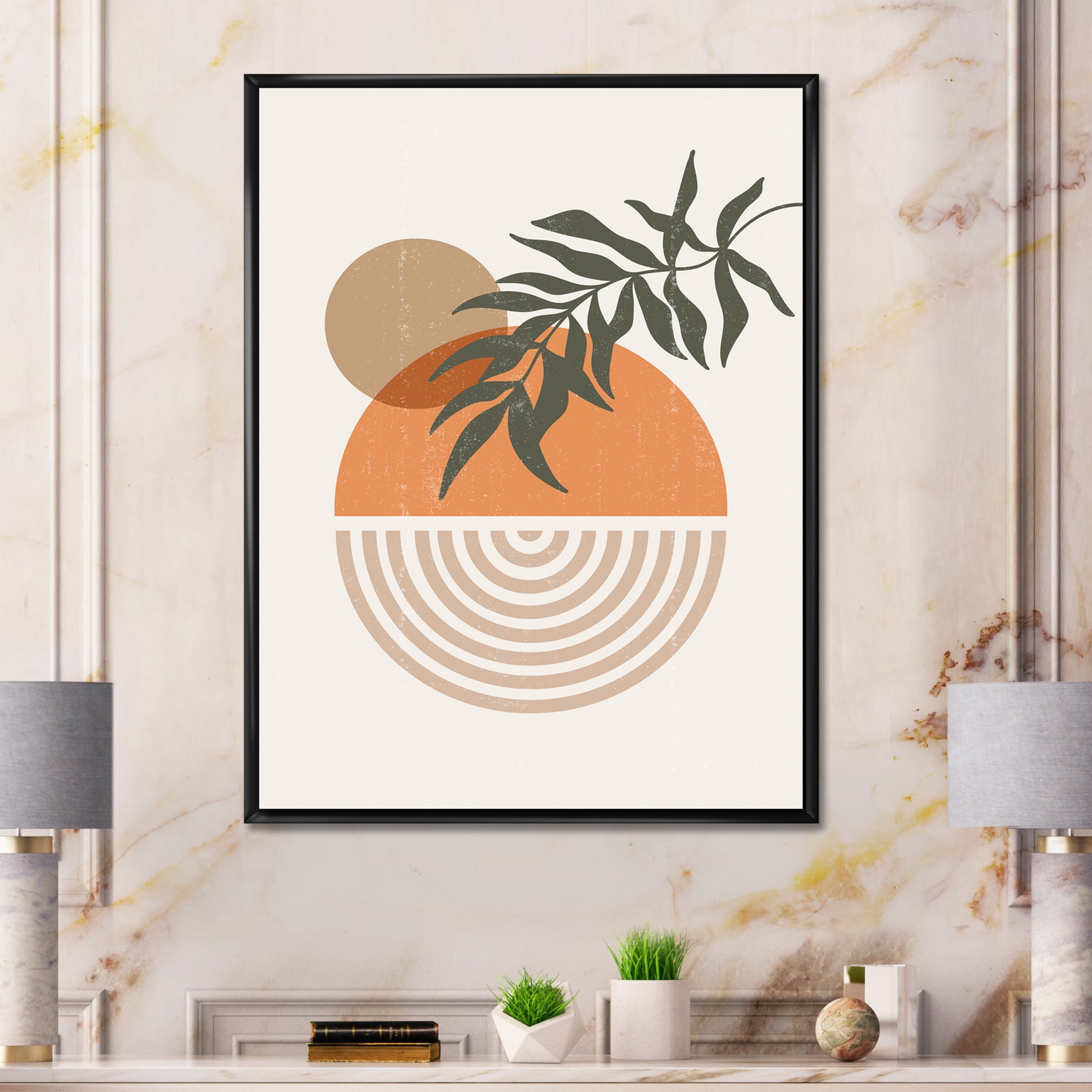 Designart 'Abstract Geometrical Moon and Sun With Leaf I' Modern Framed Canvas Wall Art Print