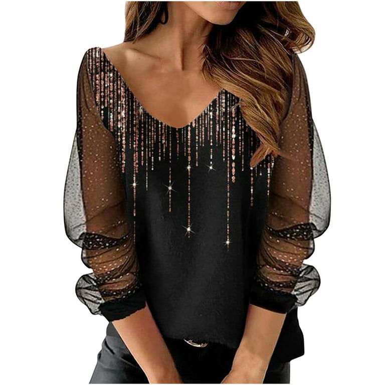 Hfyihgf Women's Casual V Neck Tops Long Sleeve T Shirts Sequin Sheer Mesh  Patchwork Blouses and Tops Club Outfits（Printed Black,M)