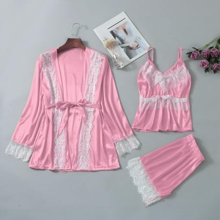 

Hunpta Women Sexy Satin Lace Patchwork Sleepwear Sling Robe Long Sleeve Pajamas Set