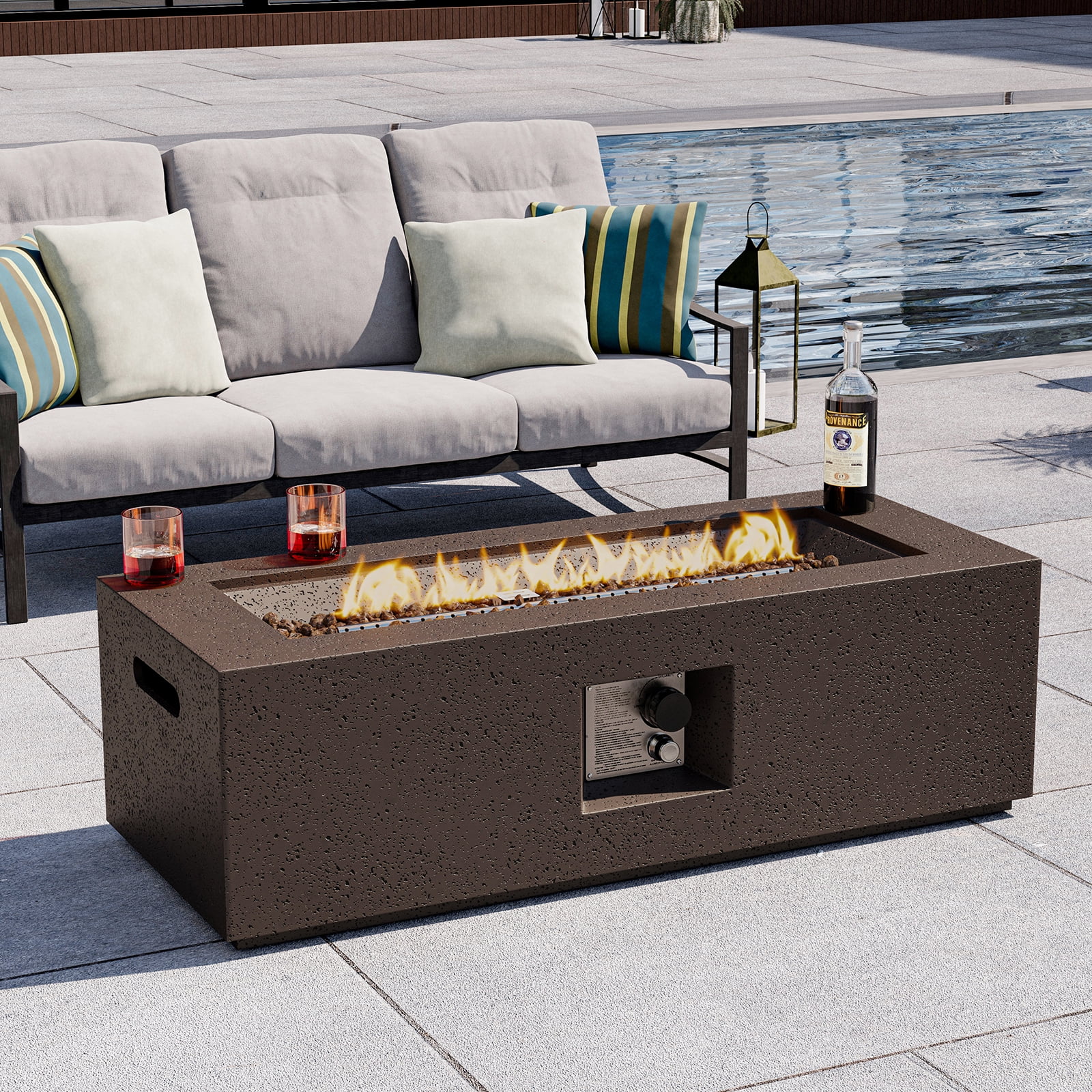 MOALCOFER 42”Rectangle Propane Fire Pit Table,50,000 BTU,CSA Certified with Rain Cover&Lava Rocks,Brown