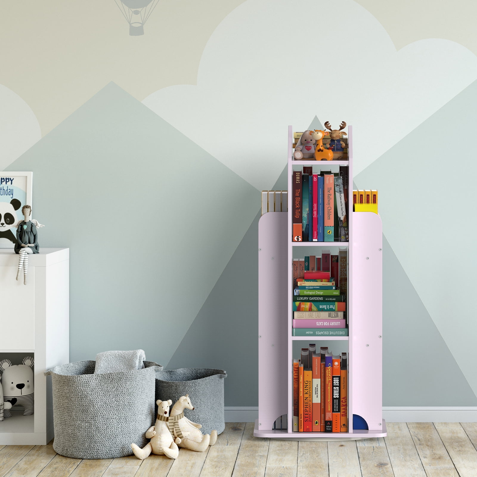 360° Rotating Kids Bookshelf, Pink Engineered Wood House-Shaped Bookcase, 38in Tall Storage Organizer for Bedroom, Playroom, Living Room