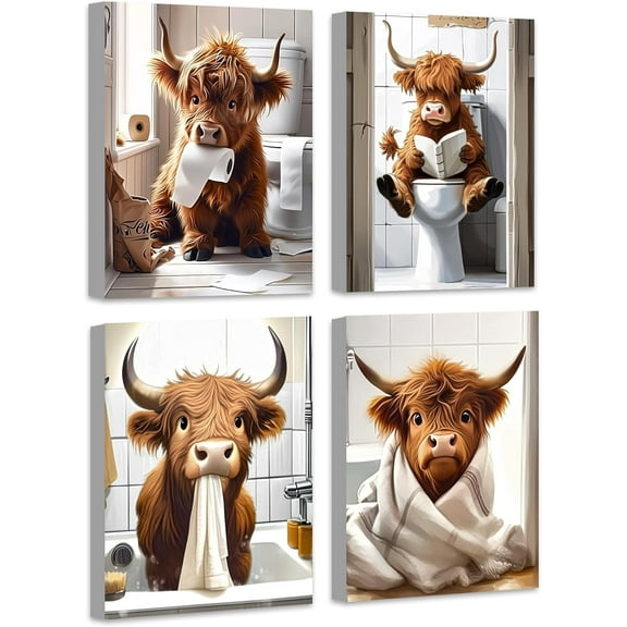 Cute Highland Cow Bathroom Framed Wall Art Funny Animal Rustic Canvas Prints for Bathroom Restroom Decor 8x10in (Framed)
