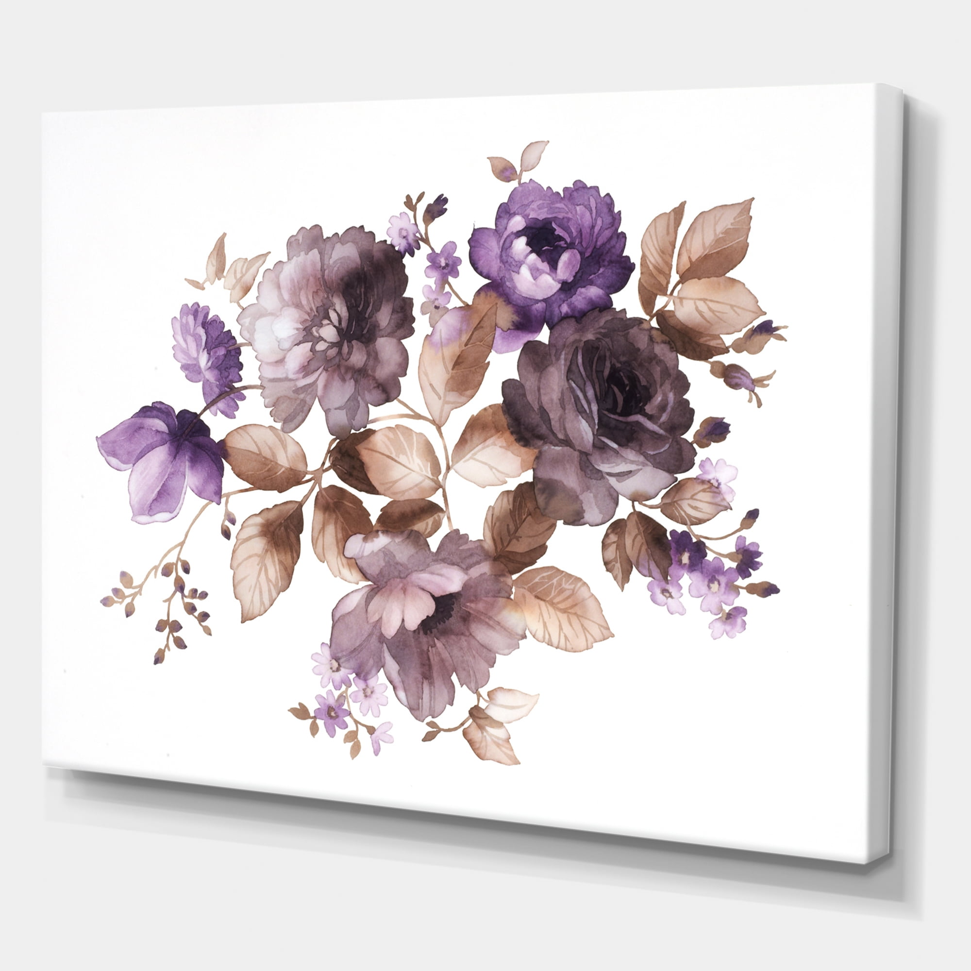 Designart ' Purple Retro Flowers With Brown Leaves On White ' Traditional Canvas Wall Art Print