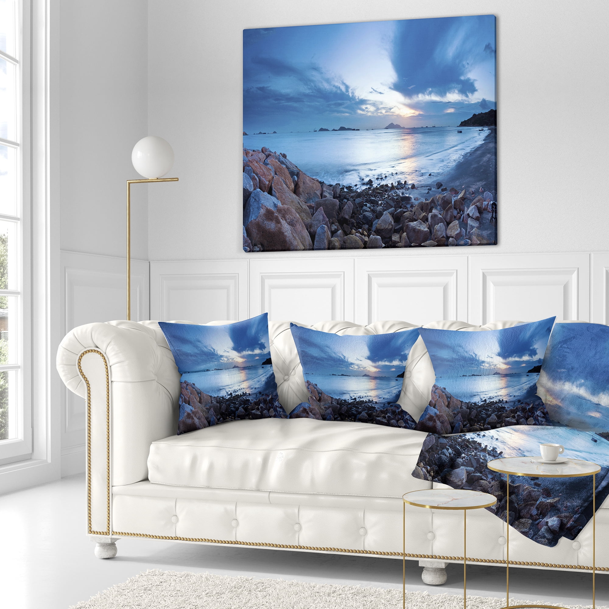 Designart Blue Sea Sunset on Sandy Coastline - Seashore Throw Pillow - 16x16