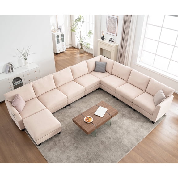 9-Seat L-Shaped Modular Sectional Sofa with Storage Ottoman & USB, Modern Oversized Corner Couch for Living Room