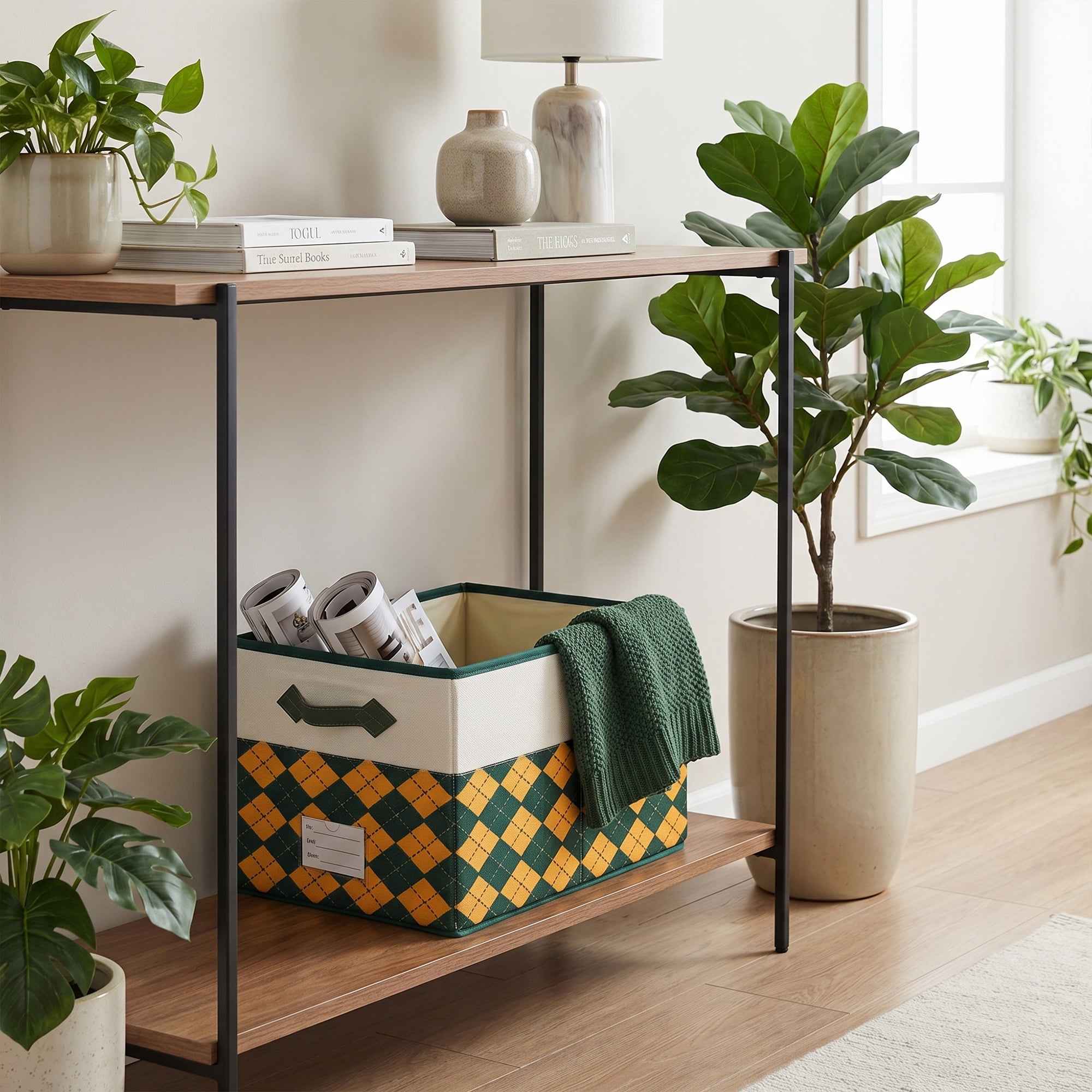 Unique Bargains Storage Basket with Handle for Organizing Orange Green 17.3"x11.8"x10.6"