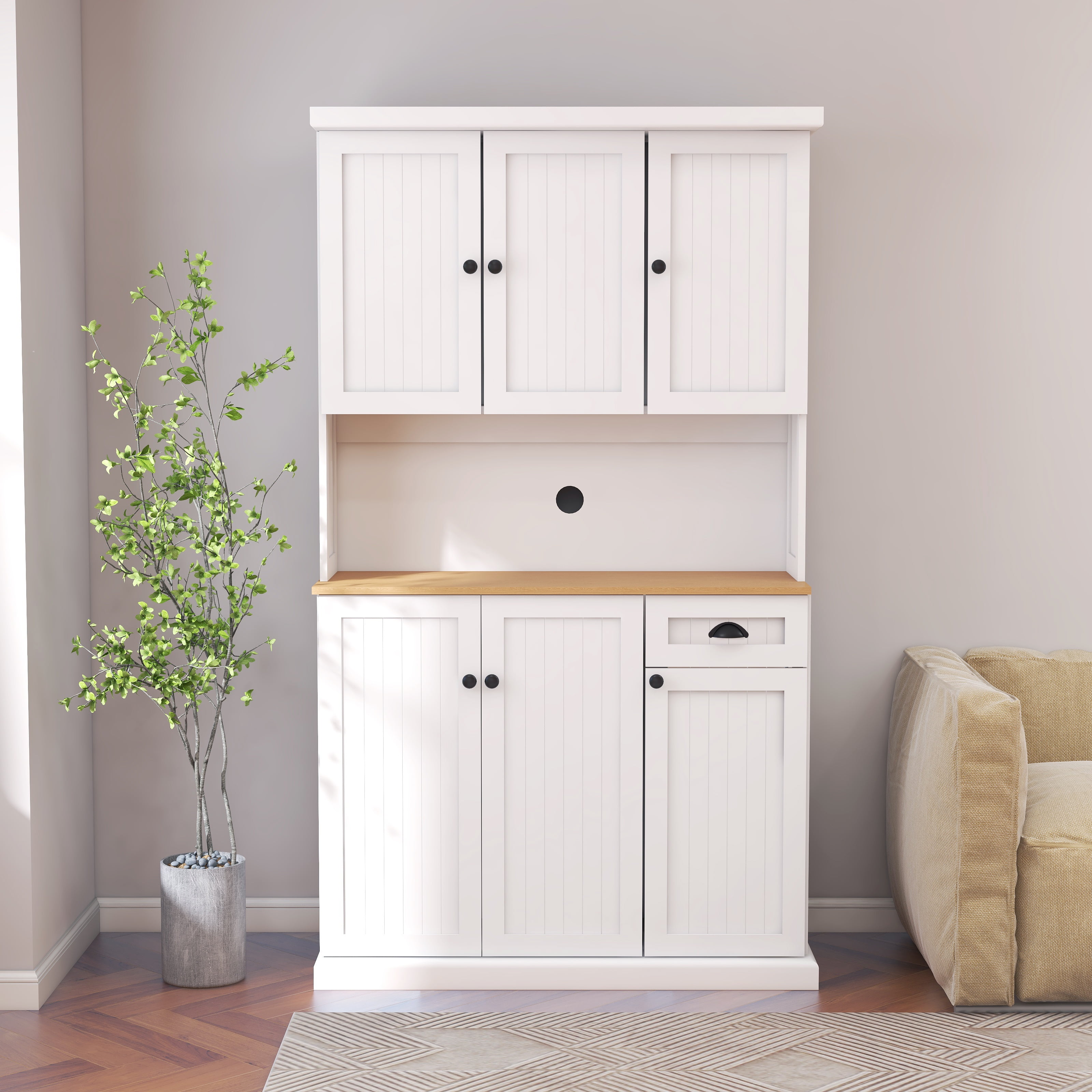 Mintazer Kitchen Buffet Cabinet with Hutch, Freestanding Sideboard Storage Cabinet with Adjustable Shelves & Cable Hole for Kitchen Dining Room Living Room, White