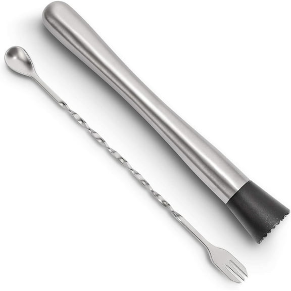 RUseeN 10 Inch Stainless Steel Cocktail Muddler and Mixing Spoon Home Bar Tool Set, Create Delicious Mojitos and Other Fruit Based Drinks