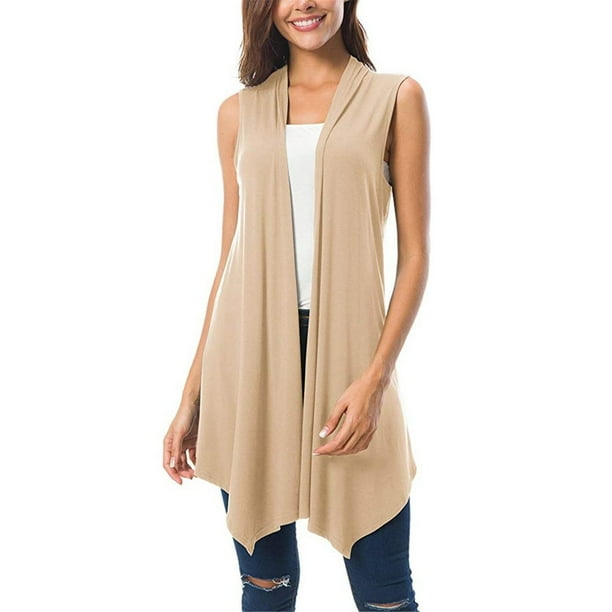 ICHUANYI Clearance Women's Sleeveless Draped Open Front Cardigan Vest Asymmetric Hem Blouse Tops(Khaki, XL) ICHUANYI WER2023081204841