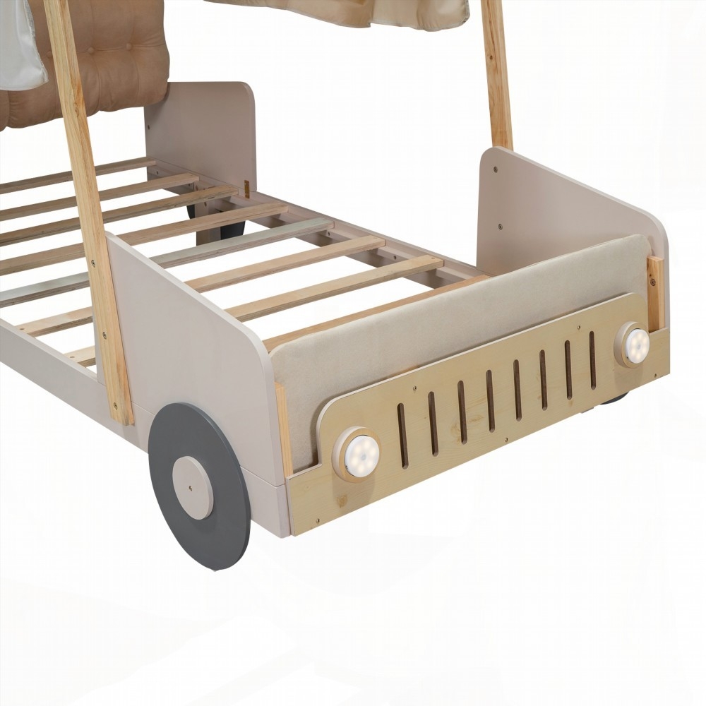 Wood Twin Size Car Bed with Pillow & LED - Sturdy & Fun