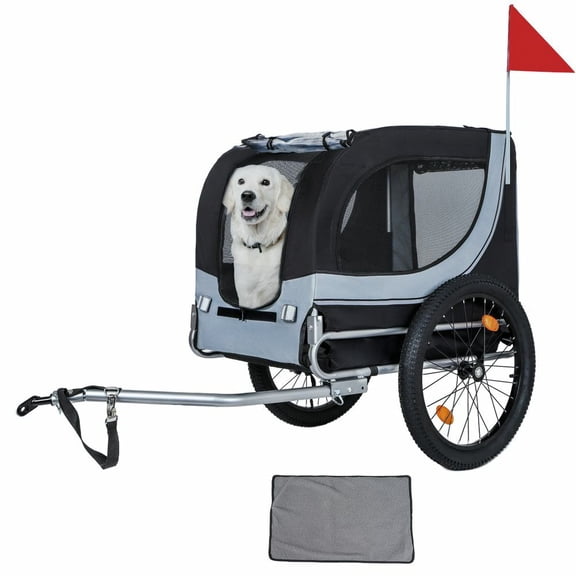 LUMAMIN Dog Bike Trailer, Large Folding Bike Trailer for Dogs, 100LB Capacity All-Terrain Steel Pet Stroller Cart Bicycle Carrier with 3 Zippered Entrances, Black Grey