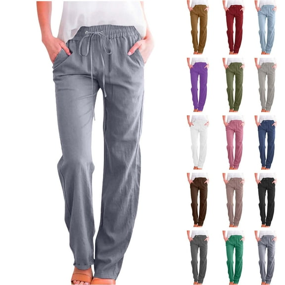 Womens Cargo Pants Casual Solid Cotton Linen Drawstring Elastic Waist Loose Pants Straight Wide Leg TrousersLong Straight Pants