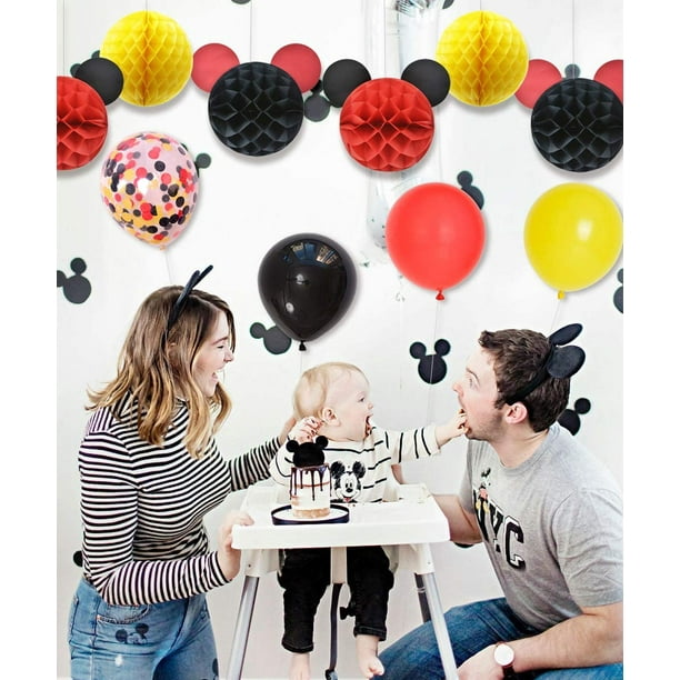 Ensemble de décoration de fête d'anniversaire sur le thème de Mickey Mouse  jaune rouge et noir pour garçon, oreilles de Mickey boules en nid d'abeille  ballon gâteau pour 1er 2e anniversaire fournitures