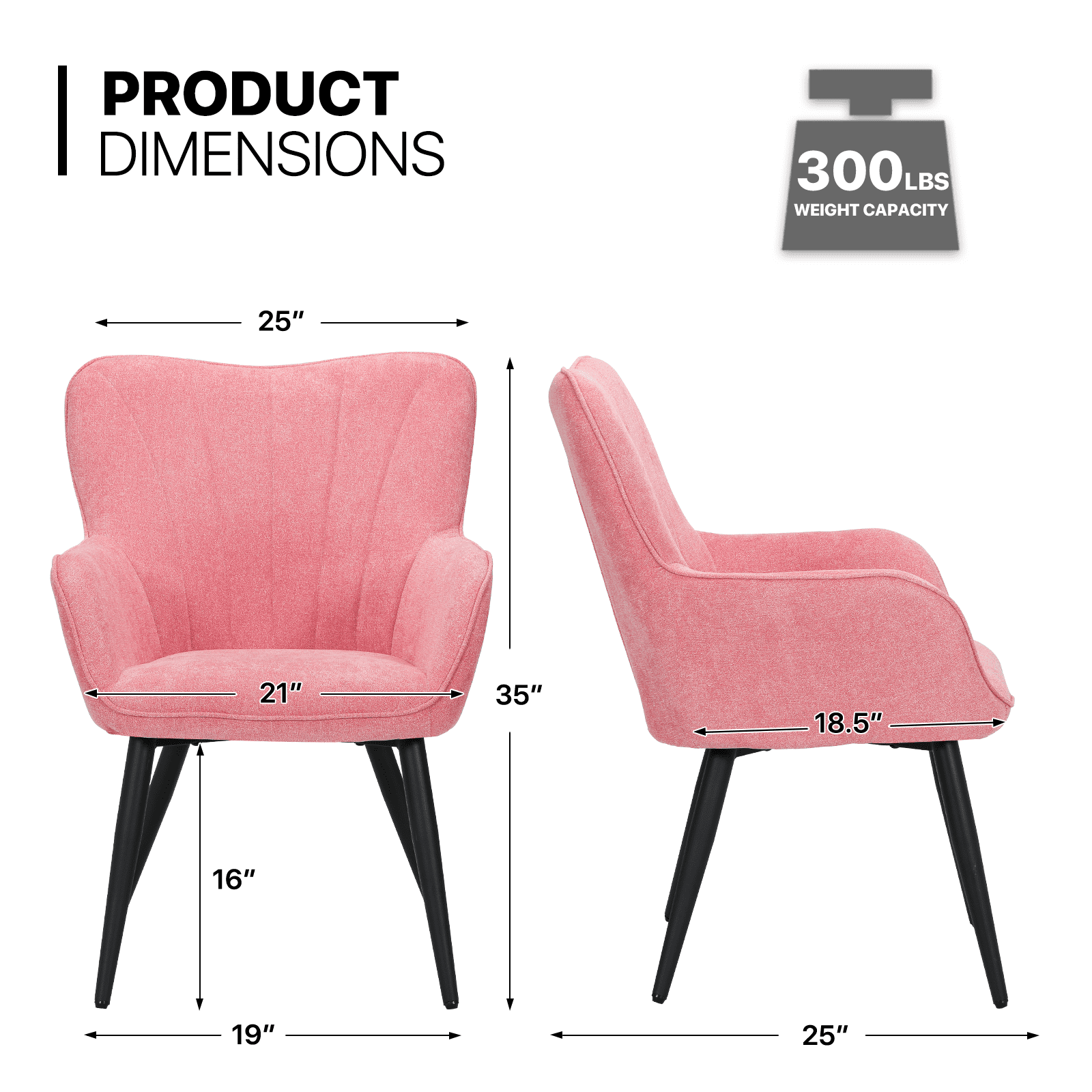MoNiBloom Upholstered Accent Chair Set of 2, Armchair with Metal Leg, Shell Shape Cotton-linen Single Sofa Chair, for Living Room Bedroom, Soft Pink