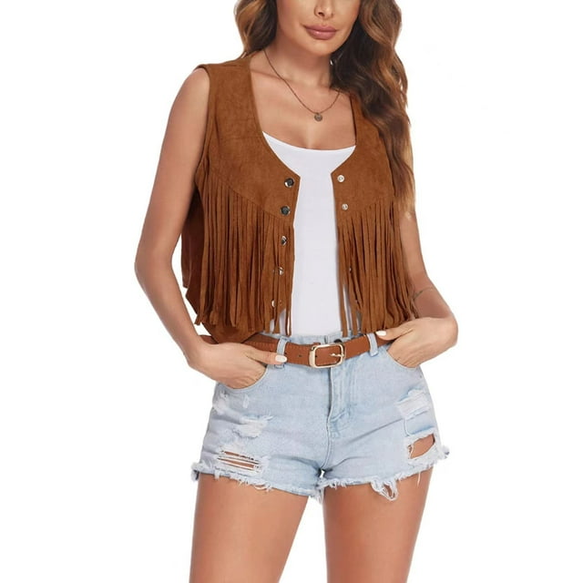 Mialoley Gilet en Suède à Franges pour Femme, Couleur Unie, Sans Manches, à Boutons devant, Style Hippie, Veste Courte, Gilet Rétro