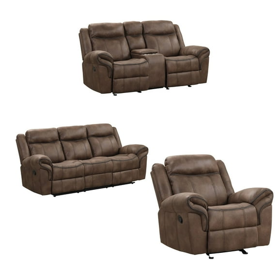 Benjara Arisa 3pc Sofa- Loveseat- Chair Manual Recliner Set- Brown Faux Leather