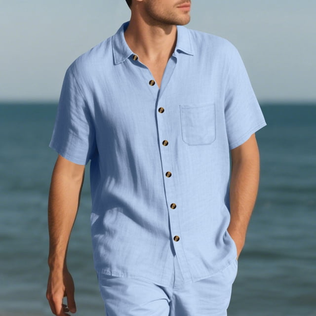 Blusa y camisa de manga corta con cuello vuelto para hombre, de verano, de color liso, de manga corta, con solapa y botones, estilo cárdigan, con bolsillo, blusa de moda, camisa de poliéster para homb