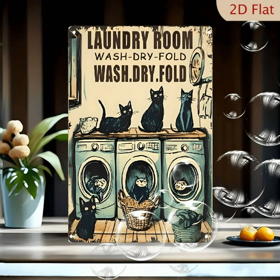 1pc YNLLOOFB Vintage Metal Laundry Room Sign - Retro Engraved Wall Art with Whimsical Cats, Wash Dry Fold Design - Versatile Wall Hanging Decor for Home, Cafe, Bar, Garage 12*8in