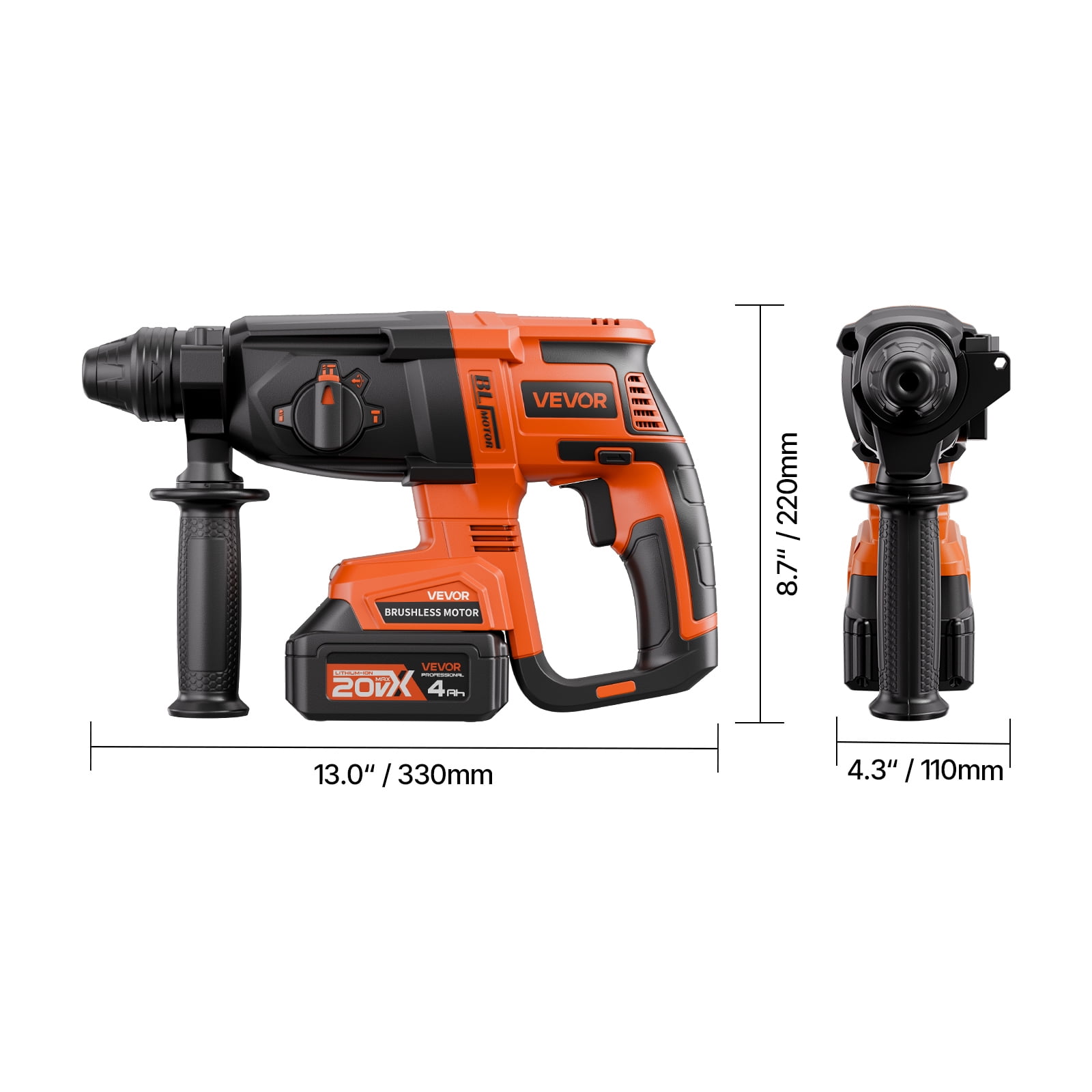 VEVOR 20V Brushless Cordless Hammer Drill, Lithium-Ion 1 Inch Rotary Hammer Driver, SDS-Plus Electric Lightweight Power Tool Kit with Battery and Charger, 4 Functions, 1200 RPM, 5300 BPM