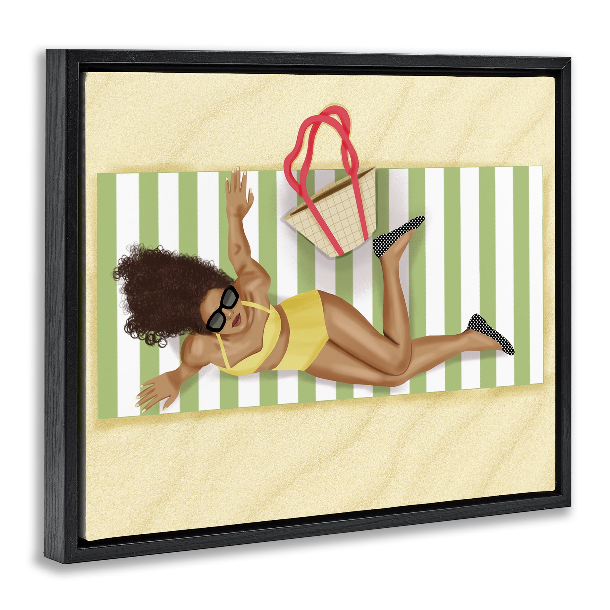 Stupell Industries Woman on Beach Blanket People Painting Black Floater Framed Canvas Art Print Wall Art, 31 x 25