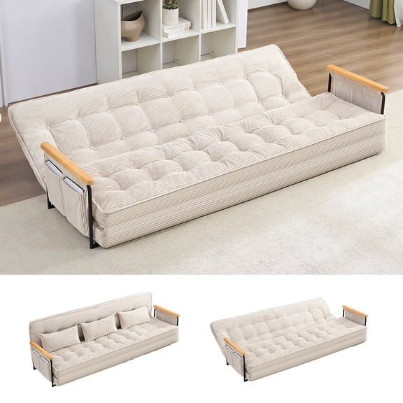 BALUS Futon Folding Sofa Bed, 4-in-1 Floor Couch with Foldable Mattress, Convertible sofa beds for Living Room, Corduroy, Beige