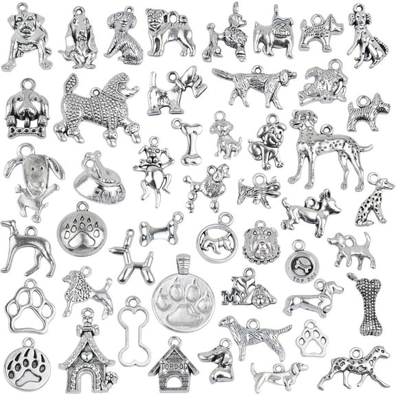 50 Styles Antique Silver Mixed Pet Dog Theme Charms Vintage Alloy Animal Puppy Dog Bone Paw Print Dangle Pendants for DIY Bracelet Necklace Jewelry Making Supplies