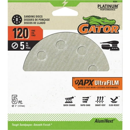 1PK Gator 5 In. 120-Grit 8-Hole Pattern Vented Sanding Disc with Hook & Loop Backing (5-Pack)