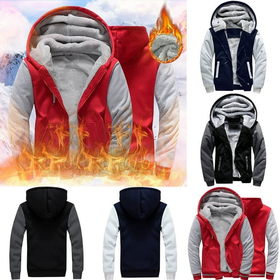 BiZtdJrK Fleece Lined Jackets for Men Raglan Long Sleeve Zipper Hoodie Sweatshirt Big and Tall Casual Coats with Pockets Red M