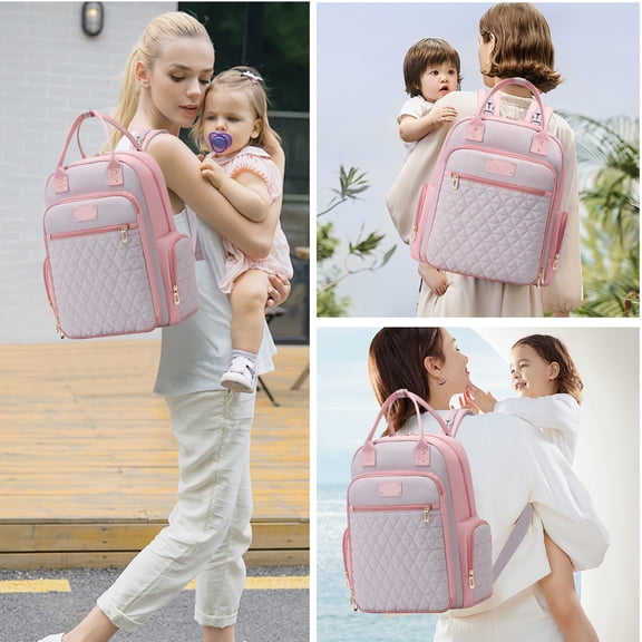 Pink Quilted Diaper Backpack Durable Polyester Mom Bag