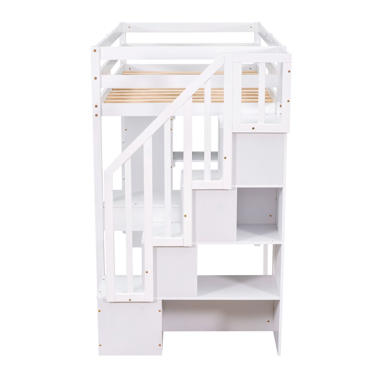 Asteroutdoor Twin Size Loft Bed with Storage Drawers, Desk and Stairs, Wooden Loft Bed with Shelves - White