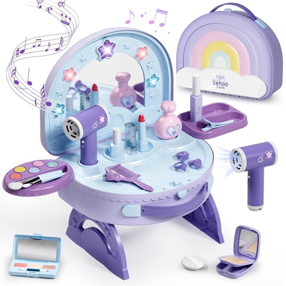 Kids Vanity Sets for Girls, Toddler Portable Vanity Set Makeup Table for Kids, Girls Vanity with Mirror & Lights & Music & Pretend Makeup & Hair Dryer, Toddler Toys for 2-5 Year Old Girls