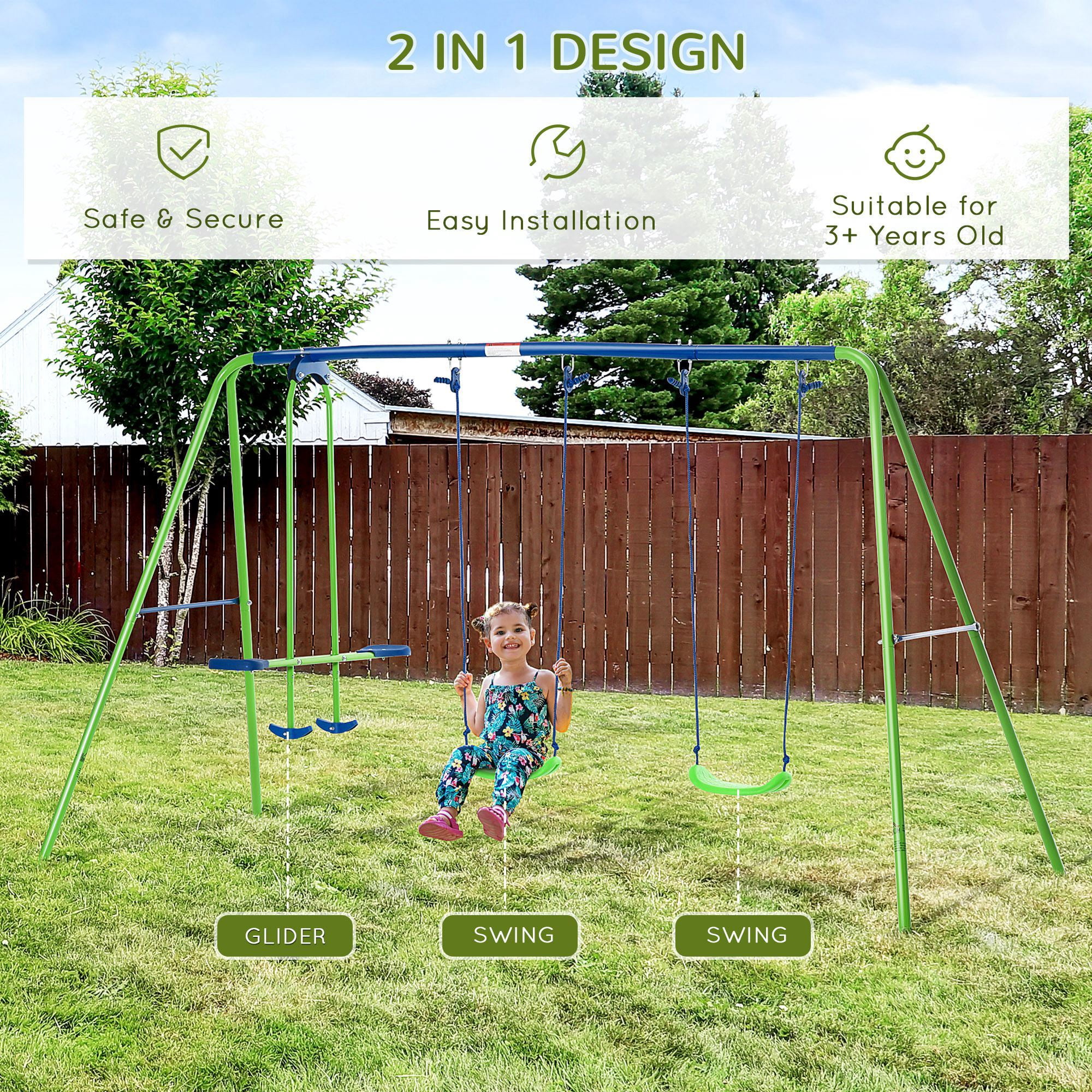 Leumius Metal Swing Set with Glider,Two Swing Seats and Adjustable Height, Outdoor Heavy Duty A-Frame Suitable for Playground,Backyard,Green