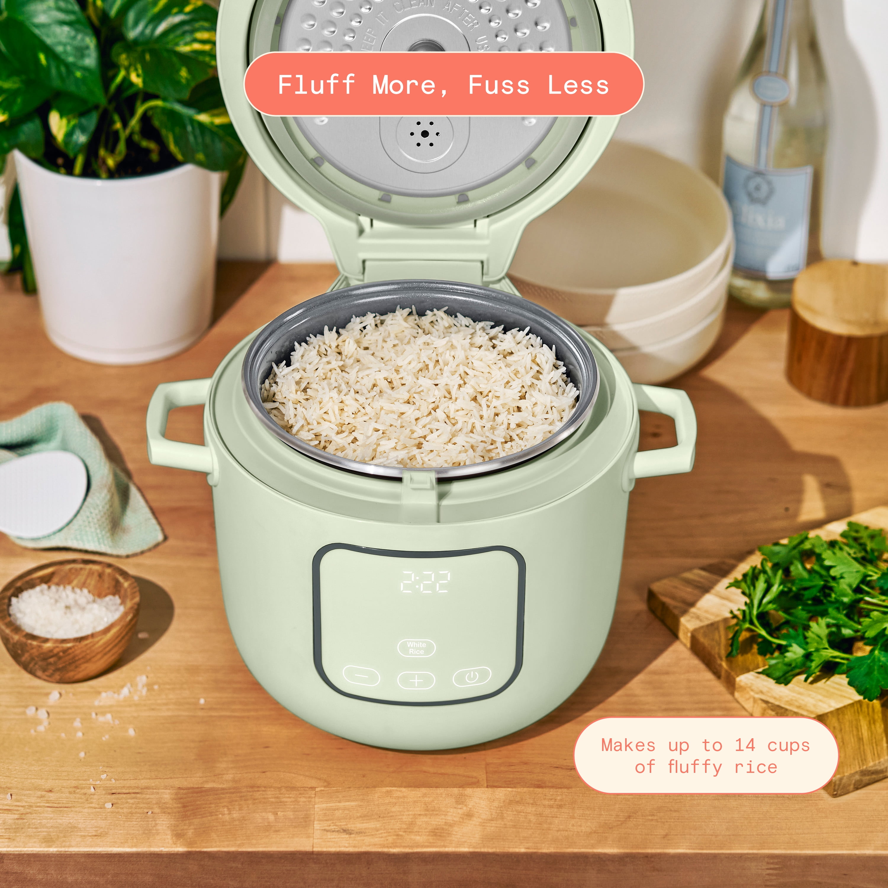 Beautiful 14-Cup Cooked, 6-Cups Uncooked Electric Rice and Grain Cooker, EverGood™ Ceramic Nonstick Coating, Sage Green by Drew Barrymore