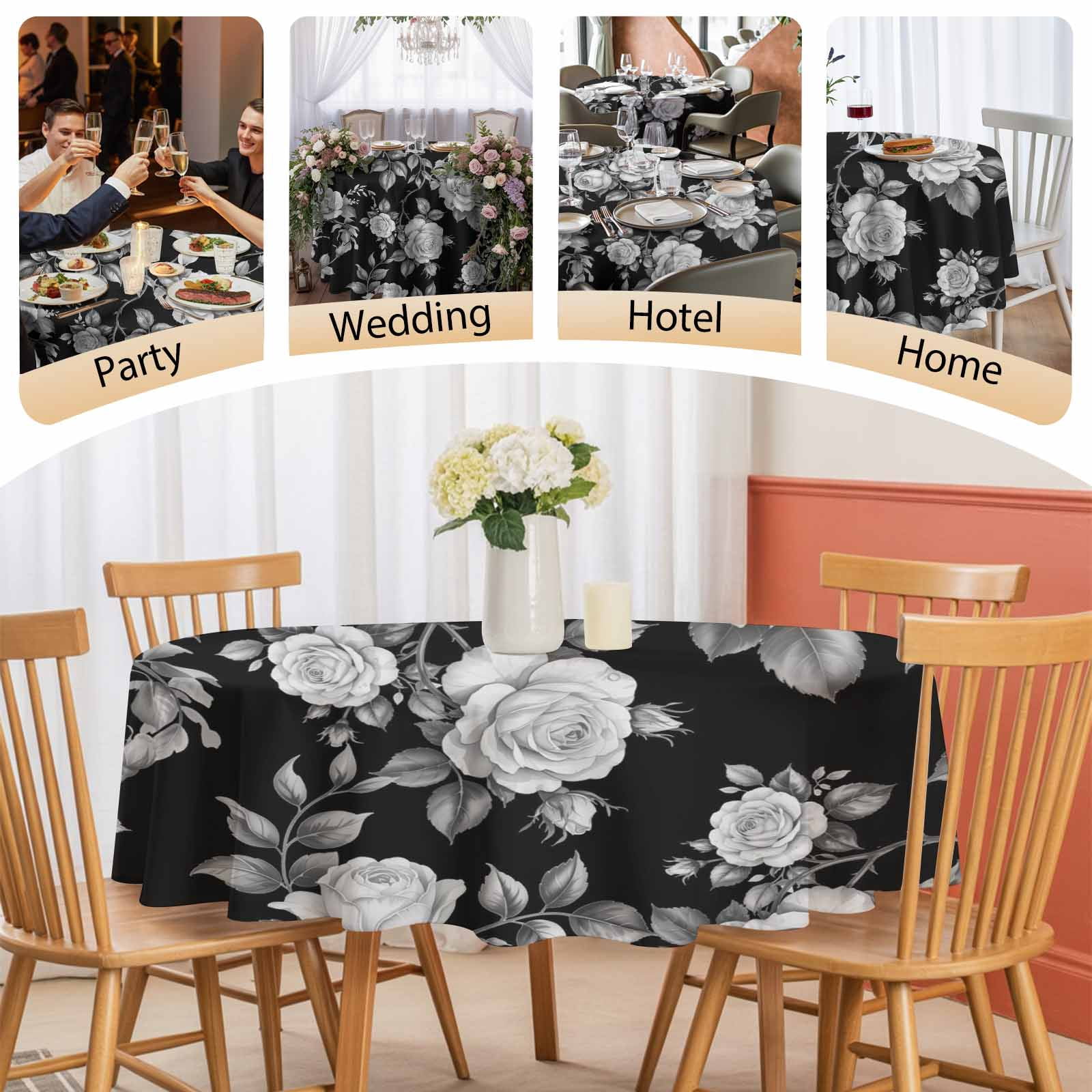 Round Tablecloth Black Floral Rose Waterproof Oil Proof Polyester Table Cloth Cover Decor for Home Dining Outdoor,Patio,Parties, 60" Dia. Vintage Leaf Flower
