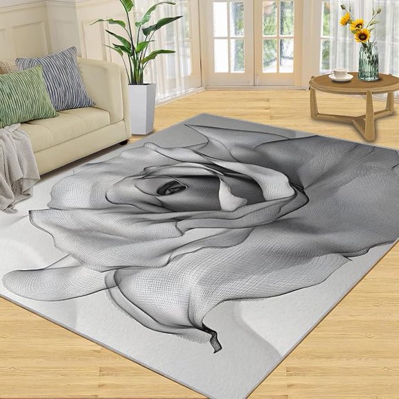 Rose Rugs for Bedroom, Minimalist Floral Washable Rug, Indoor Abstract Flower Carpet, Rugs for Living Room, Monochrome Design Area Rug Non Slip & Low-Pile 5 x 8ft