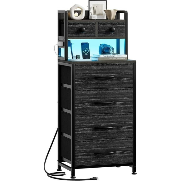 GUNAITO Table de Chevet avec Station de Recharge et Lumière DEL Table de Chevet avec Tiroirs en Tissu et Tablette de Rangement Table de Chevet Haute pour Chambre Salon Petits Espaces Grain de Bois Noir