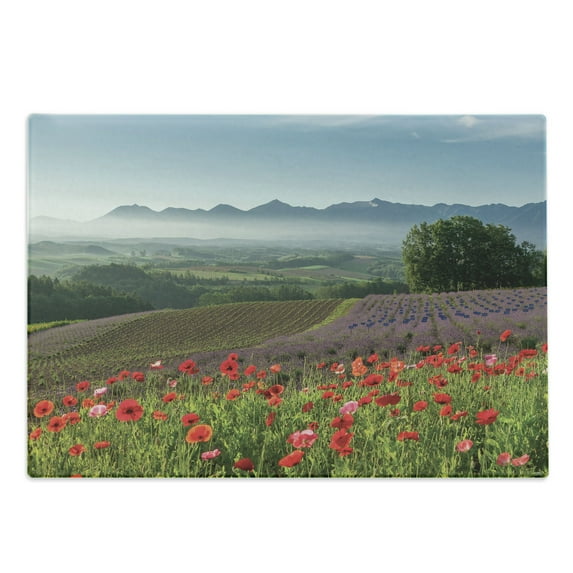 Flower Cutting Board, Poppy Flower Lavender Farm Foggy Morning Agriculture Outdoor Crops Red Purple Art, Decorative Tempered Glass Cutting and Serving Board, Large Size, Multicolor, by Ambesonne