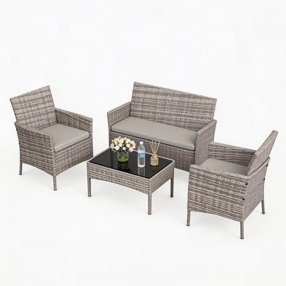 4-Piece Patio Furniture Set, PE Rattan Wicker Outdoor Conversation Set with Tempered Glass Coffee Table, Cushioned Chairs & Loveseat for Porch Balcony Garden Deck