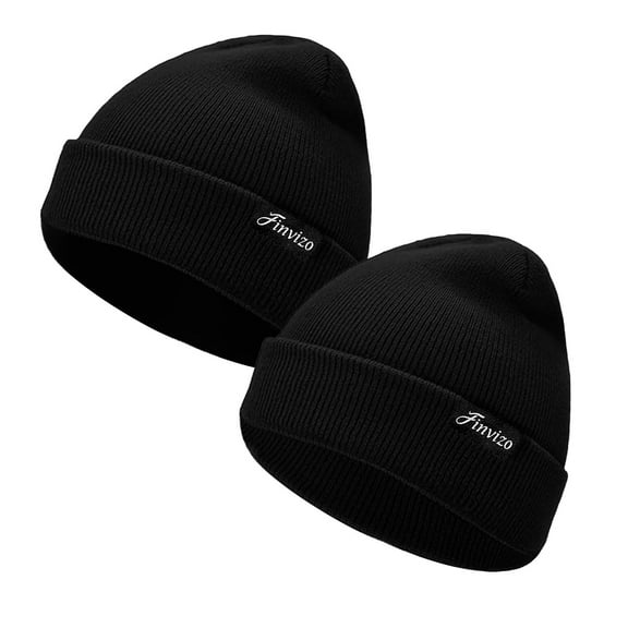 Finvizo Winter Beanie Hats for Men Women: 2 Pack Knit Cuffed Beanies Skull Caps Unisex Warm Hat, Black