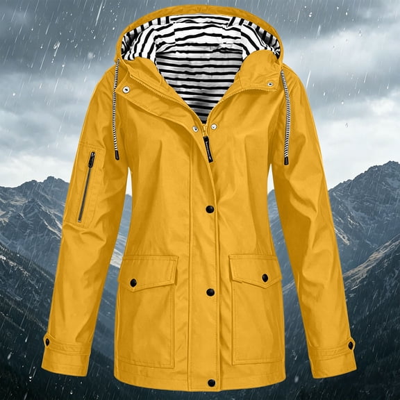 Ynynloco Rain Jacket Women Striped Lined Long Hooded Lightweight Raincoat Outdoor Waterproof Windbreaker Travel Jacket with Pockets